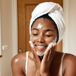 **

Prompt: A woman at home, surrounded by skincare products (cleansing oil, gel cleanser, serums, moisturizer), happily applying a face mask. The background shows a cozy, well-lit bathroom. Emphasize the relaxation and self-care aspect.

**