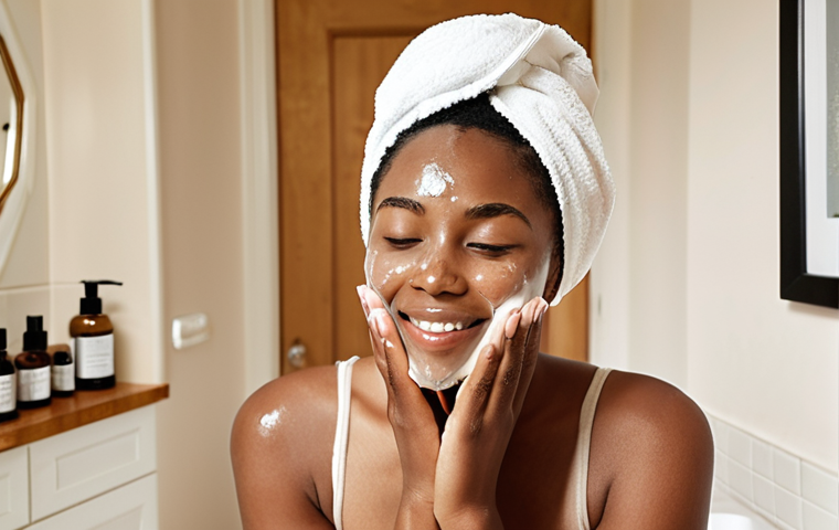 **
Prompt: A woman at home, surrounded by skincare products (cleansing oil, gel cleanser, serums, moisturizer), happily applying a face mask. The background shows a cozy, well-lit bathroom. Emphasize the relaxation and self-care aspect.
**