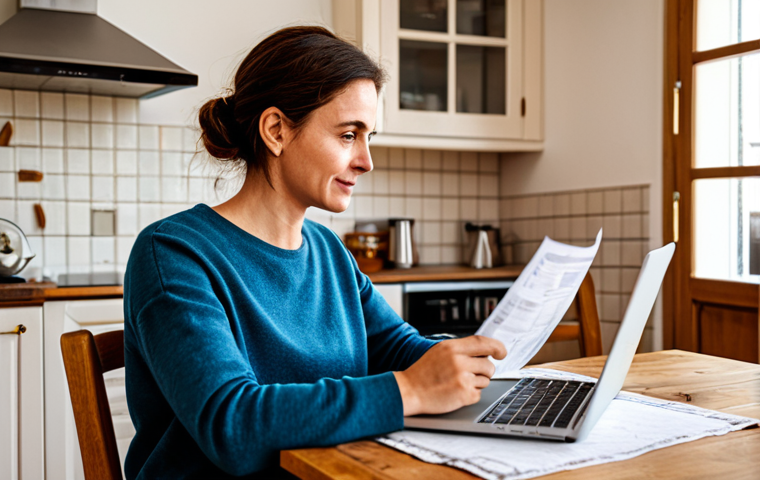 Budgeting at Home**
A person sitting at a kitchen table, reviewing bills and using a laptop. The table has a healthy, homemade meal on it. Fully clothed in casual but professional attire. Background: A cozy, well-lit kitchen in a French home. Safe for work, appropriate content, family-friendly, perfect anatomy, natural proportions, high quality.
**