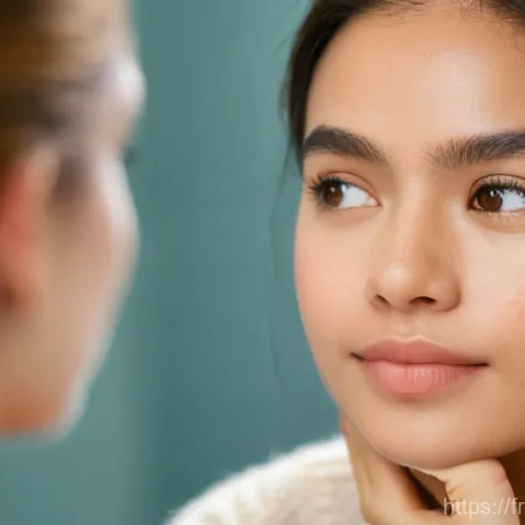 여드름 압출 치료법 - **Image Prompt: Gentle Self-Reflection on Skin Wellness**
A close-up, soft-focus portrait of a y...