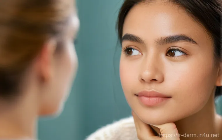 여드름 압출 치료법 - **Image Prompt: Gentle Self-Reflection on Skin Wellness**
    A close-up, soft-focus portrait of a y...