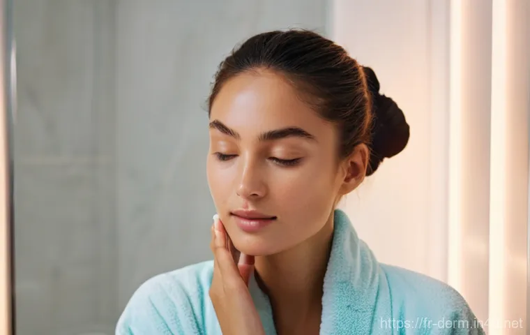 피부과 자가 관리법 - **"A young woman in her late 20s, with radiant, healthy skin, performing a gentle evening skincare r...
