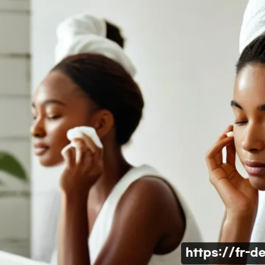 피부 자극 최소화 클렌징 - A serene bathroom scene showing a diverse group of people with different skin types gently cleansing...