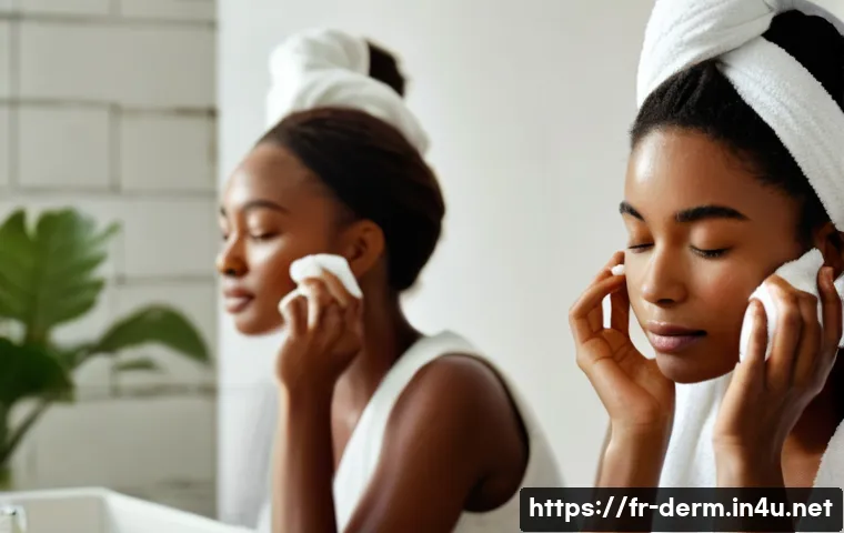 피부 자극 최소화 클렌징 - A serene bathroom scene showing a diverse group of people with different skin types gently cleansing...