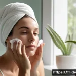 Home 22 피부 세포 재생 활성화 - A serene French woman in her 30s gently cleansing her face in a bright, modern bathroom with natural...