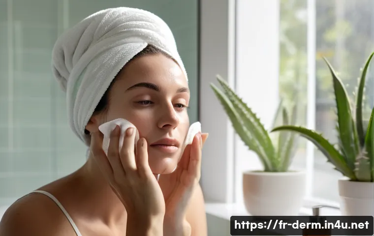 피부 세포 재생 활성화 - A serene French woman in her 30s gently cleansing her face in a bright, modern bathroom with natural...