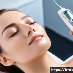 Home 21 피부 탄력 개선 효과적인 시술 - A modern skincare clinic room with a female patient wearing modest undergarments receiving a non-inv...