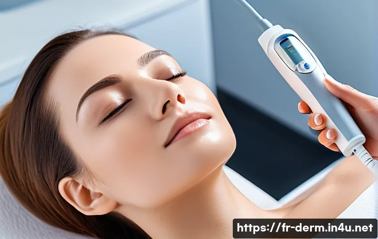 피부 탄력 개선 효과적인 시술 - A modern skincare clinic room with a female patient wearing modest undergarments receiving a non-inv...