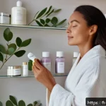 Home 19 피부 윤기 증가법 - A serene skincare routine scene featuring a French woman in her 30s with clear, glowing skin, applyi...