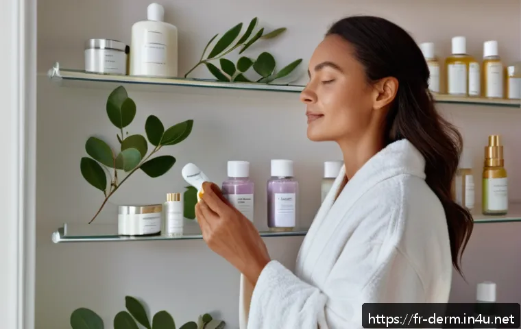 피부 윤기 증가법 - A serene skincare routine scene featuring a French woman in her 30s with clear, glowing skin, applyi...