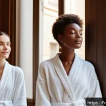Home 18 피부과 셀프 관리법 - A serene bathroom scene featuring a diverse group of French individuals with different skin types—dr...