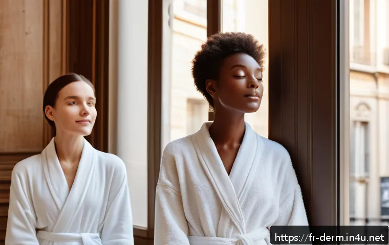 피부과 셀프 관리법 - A serene bathroom scene featuring a diverse group of French individuals with different skin types—dr...