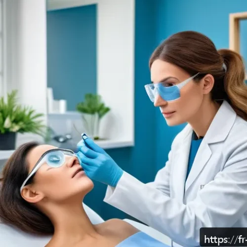 Home 17 여드름 흔적 레이저 - A modern dermatology clinic scene in Paris, featuring a professional female dermatologist wearing a ...