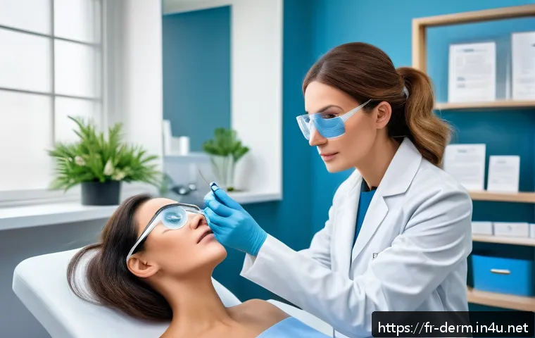 여드름 흔적 레이저 - A modern dermatology clinic scene in Paris, featuring a professional female dermatologist wearing a ...