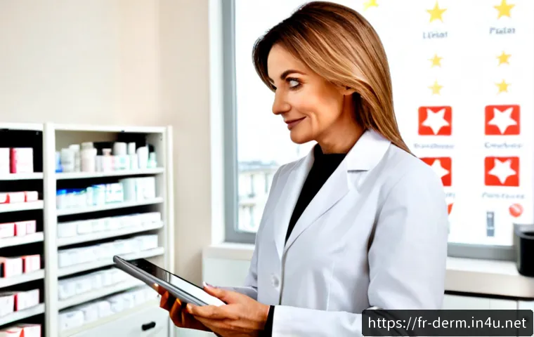 피부과 시술 리뷰 사이트 - Photorealistic French dermatology clinic consultation, elegant middle-aged French woman in a bright ...